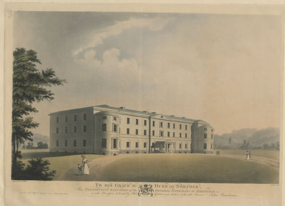 An 1804 aquatint print of the General Infirmary of Sheffield, from the The Topographical Collection of George III.