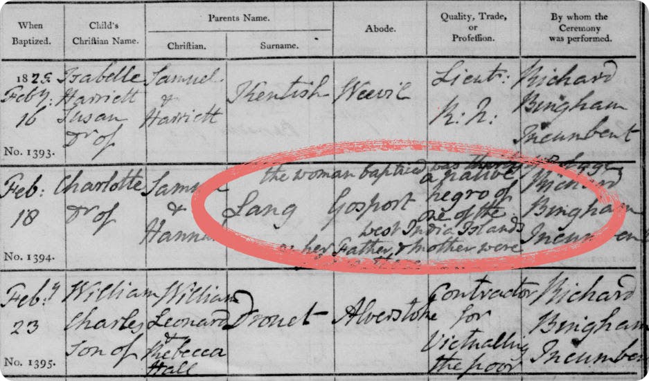 A baptism record with a note about race