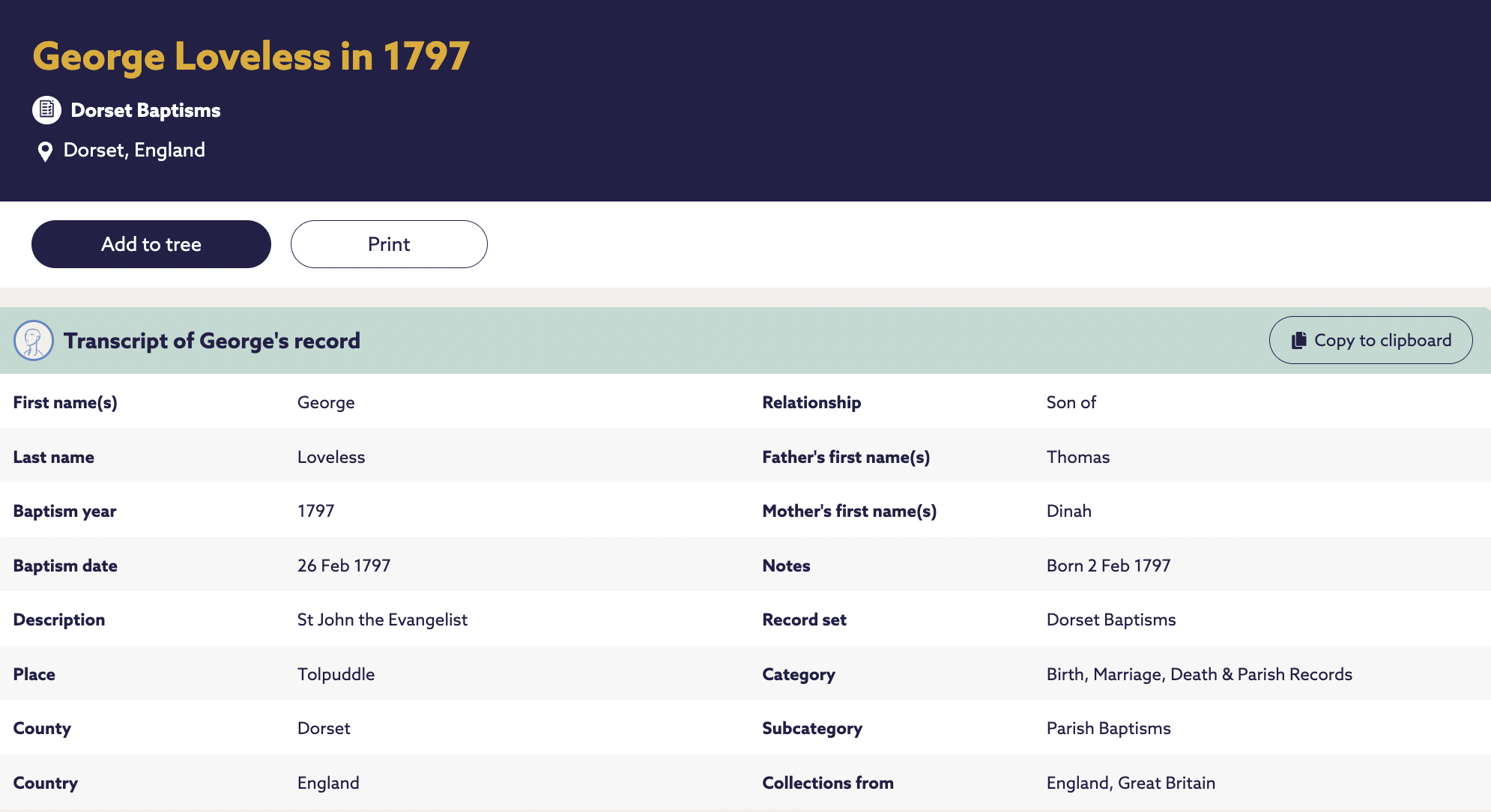 The baptism of George Loveless, 1797.