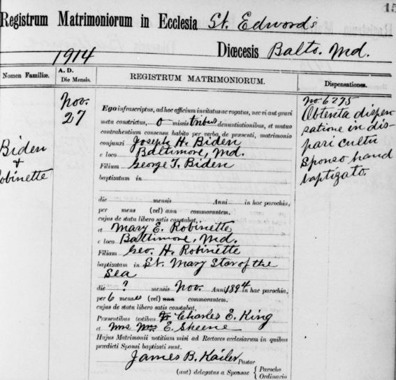 Joe Biden's grandparents' marriage record.