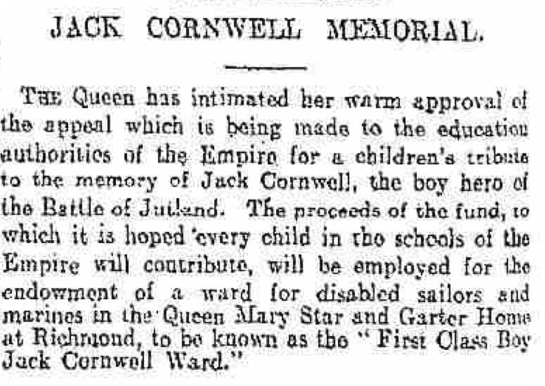 Tribute to Jack Cornwell in the Scotsman, 21 August 1616.