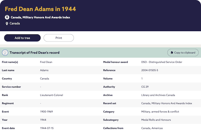 Fred Dean Adams, who granted the honour of DSO (Distinguished Service Officer) in 1944.