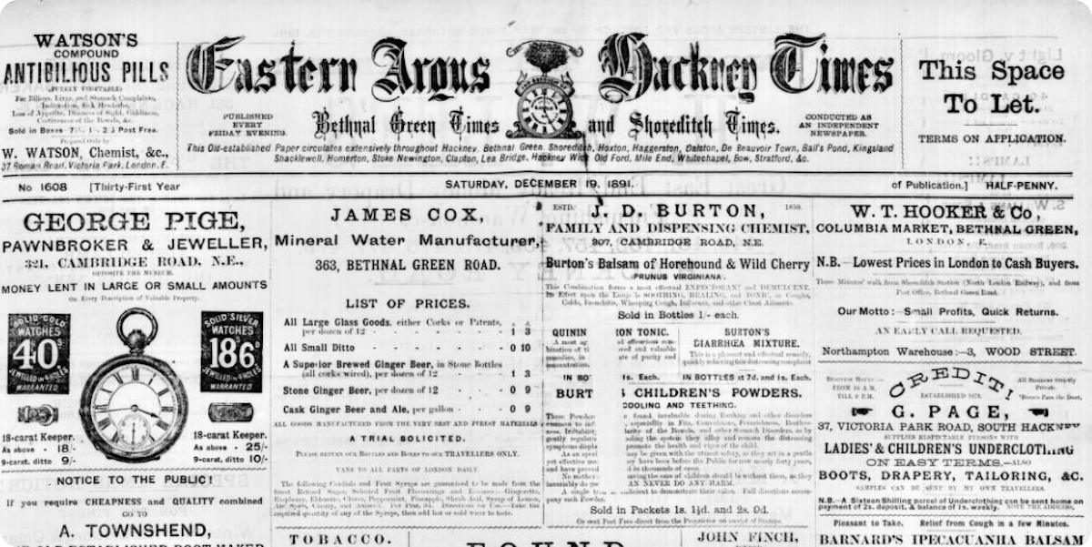 The front page of the Eastern Argus and Borough of Hackney Times, 1891.