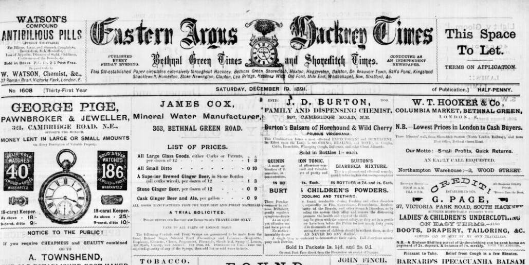 The front page of the Eastern Argus and Borough of Hackney Times, 1891.