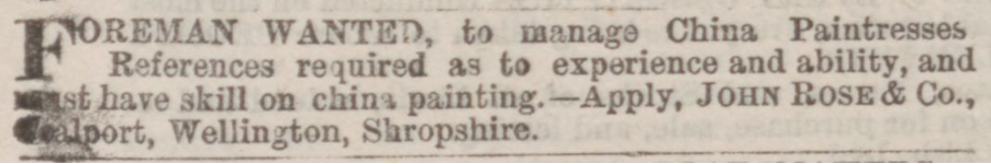 An advert for a foreman to manage Coalport’s team of paintresses