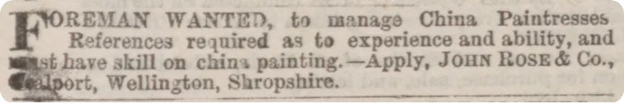 An advert for a foreman to manage Coalport’s team of paintresses