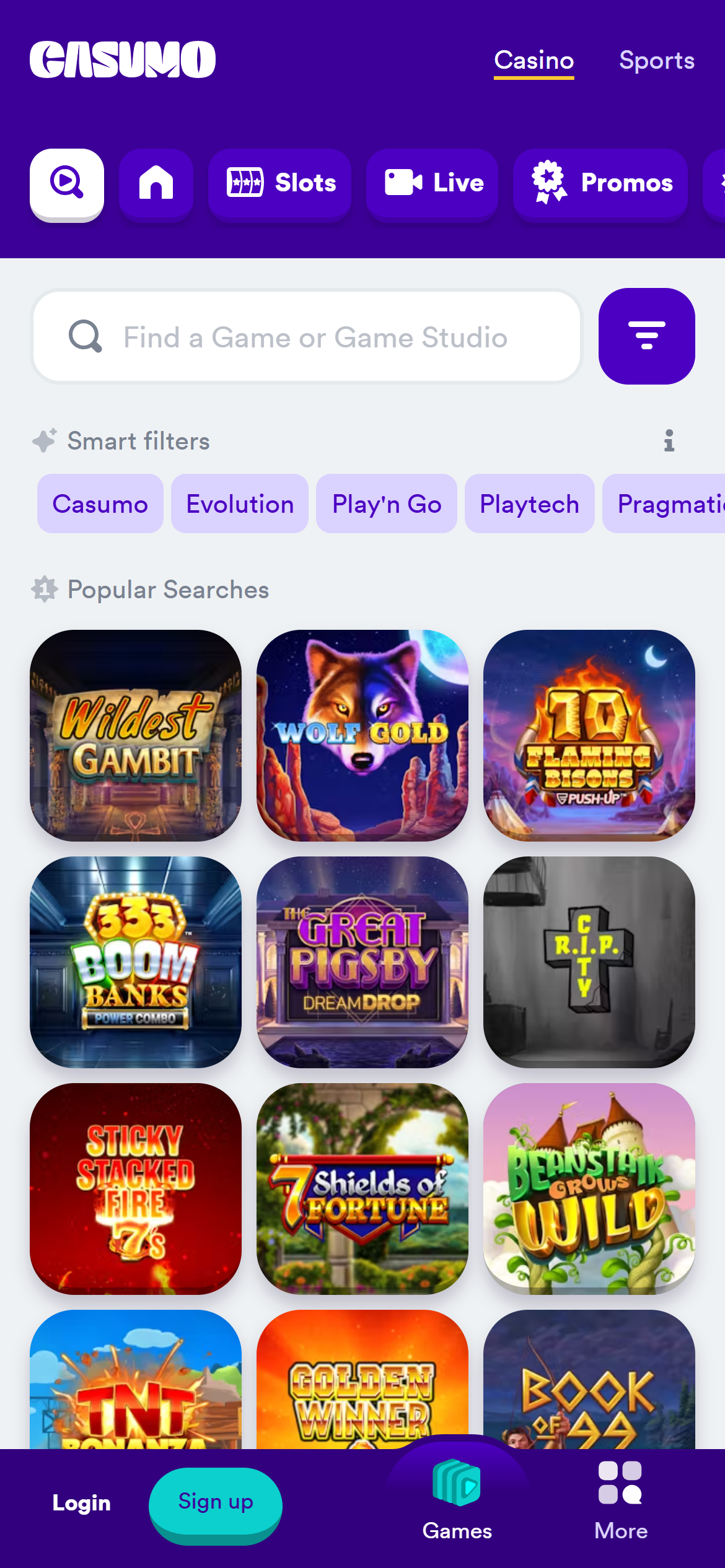 Casumo casino navigation