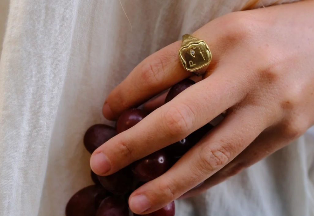 Yellow gold textured signet rings