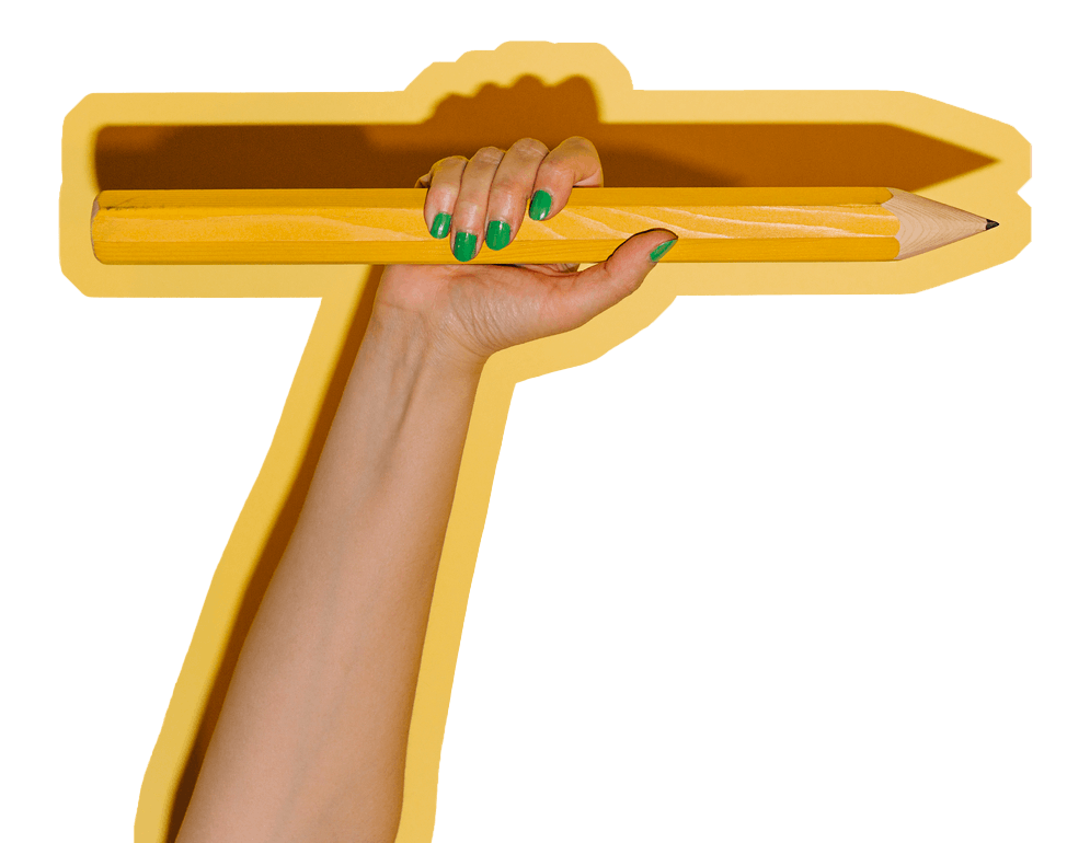 A hand with green nails gripping a giant yellow pencil