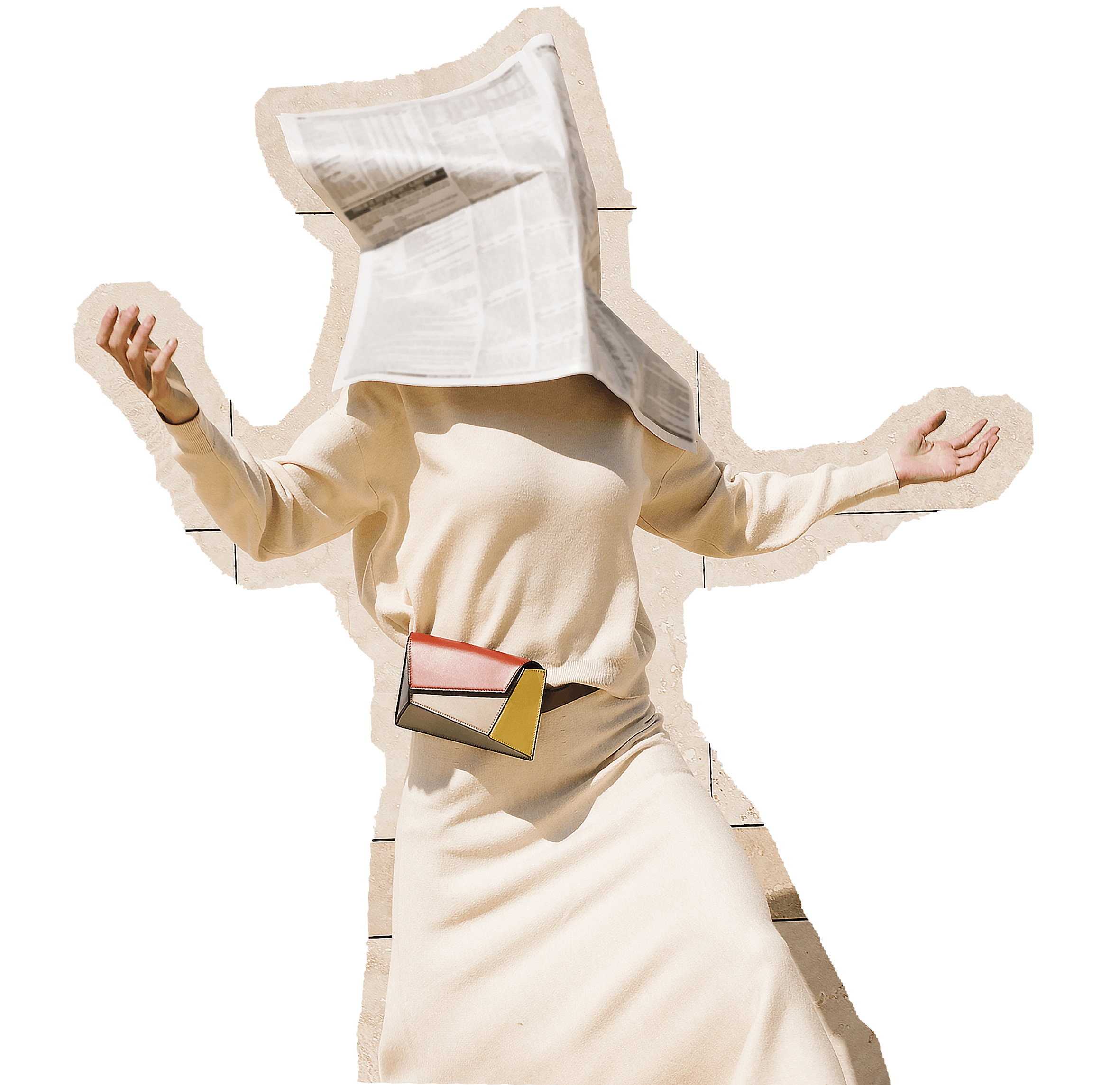 A woman in a white dress with a newspaper stuck to her face.