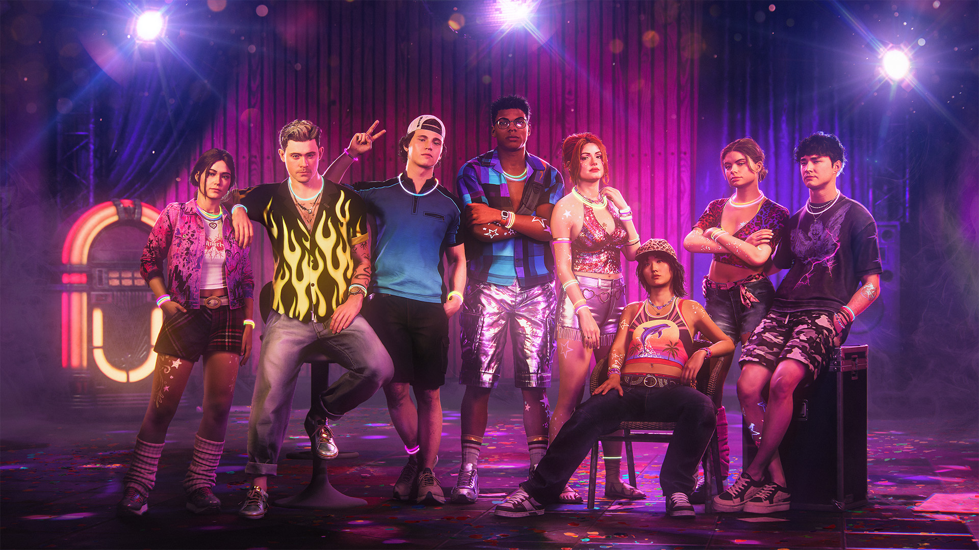 Eight game characters pose in neon outfits under stage lights.