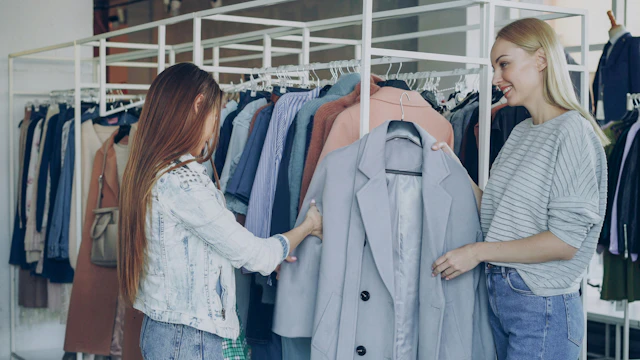 woman shopping in store with help from saleswoman