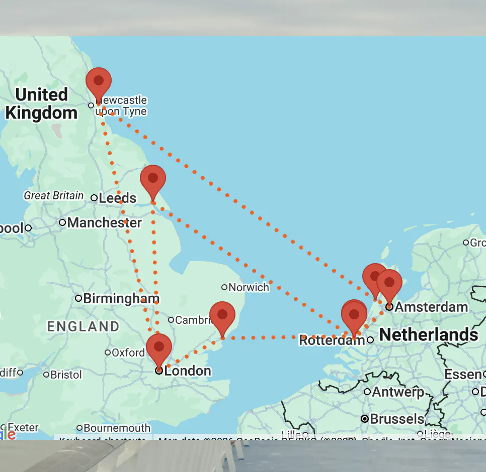 Direct Ferries AI route search showing ferry routes between the UK and the Netherlands on a map