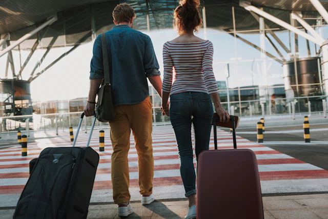 a photo of two people with suitcases