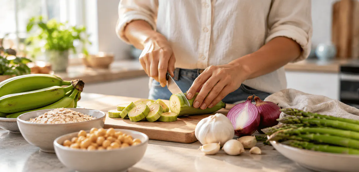 Mujer preparando alimentos ricos en fibra en una cocina.