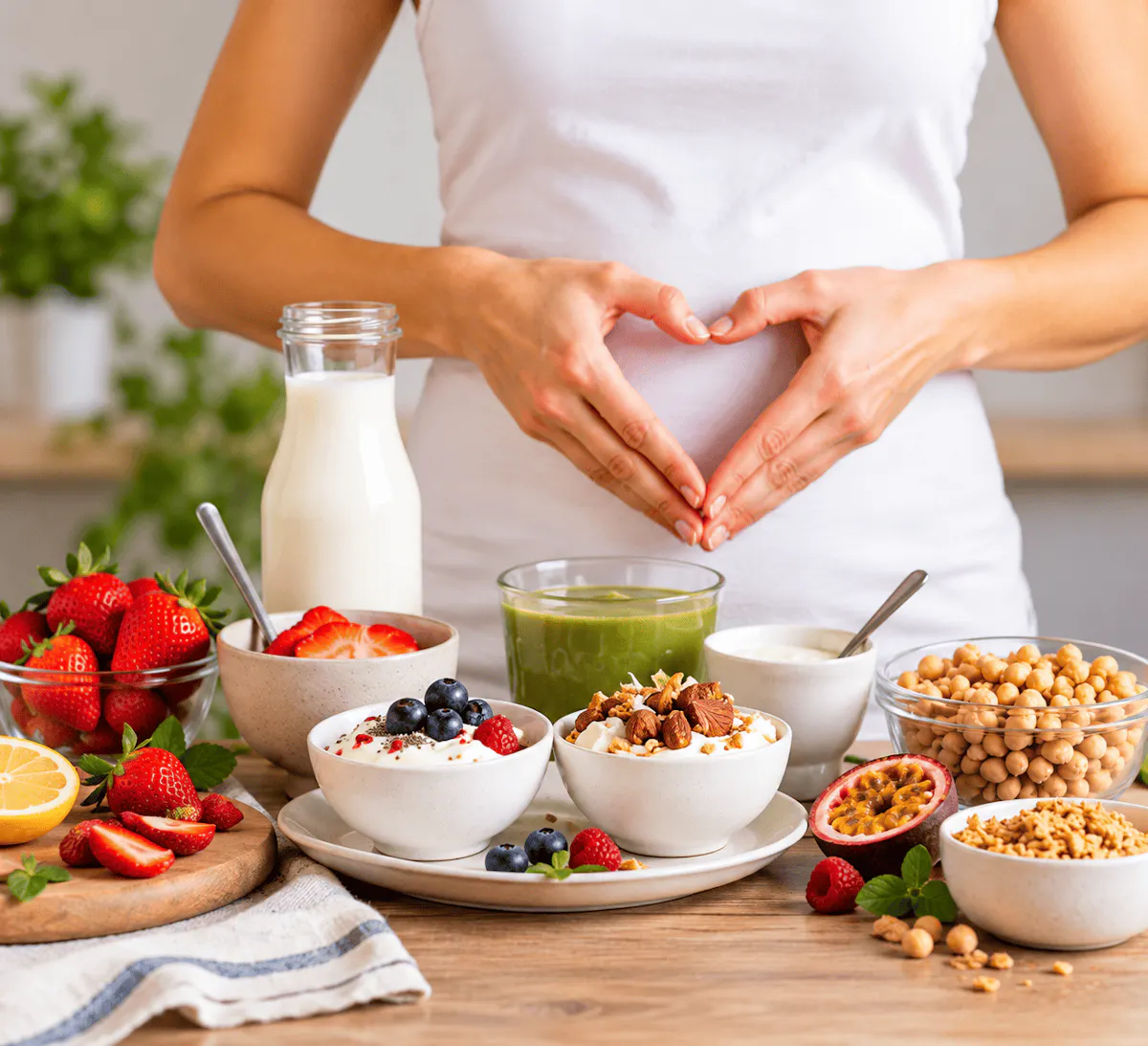 Alimentos variados asociados al cuidado de la salud intestinal.