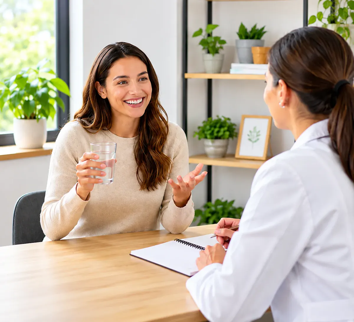 Mujer conversando con una profesional de la salud