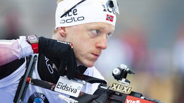 Johannes Thingnes Bø celebrates his eighth win of the season