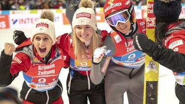 Austrian girls celebrate close victory in team jumping
