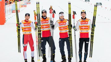 Norway's nordic combined team celebrate superior victory