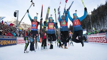 France's biathlon girls celebrate sovereign relay victory