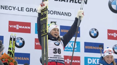Tiril Eckhoff wins in the constant rain in Le Grand Bornand