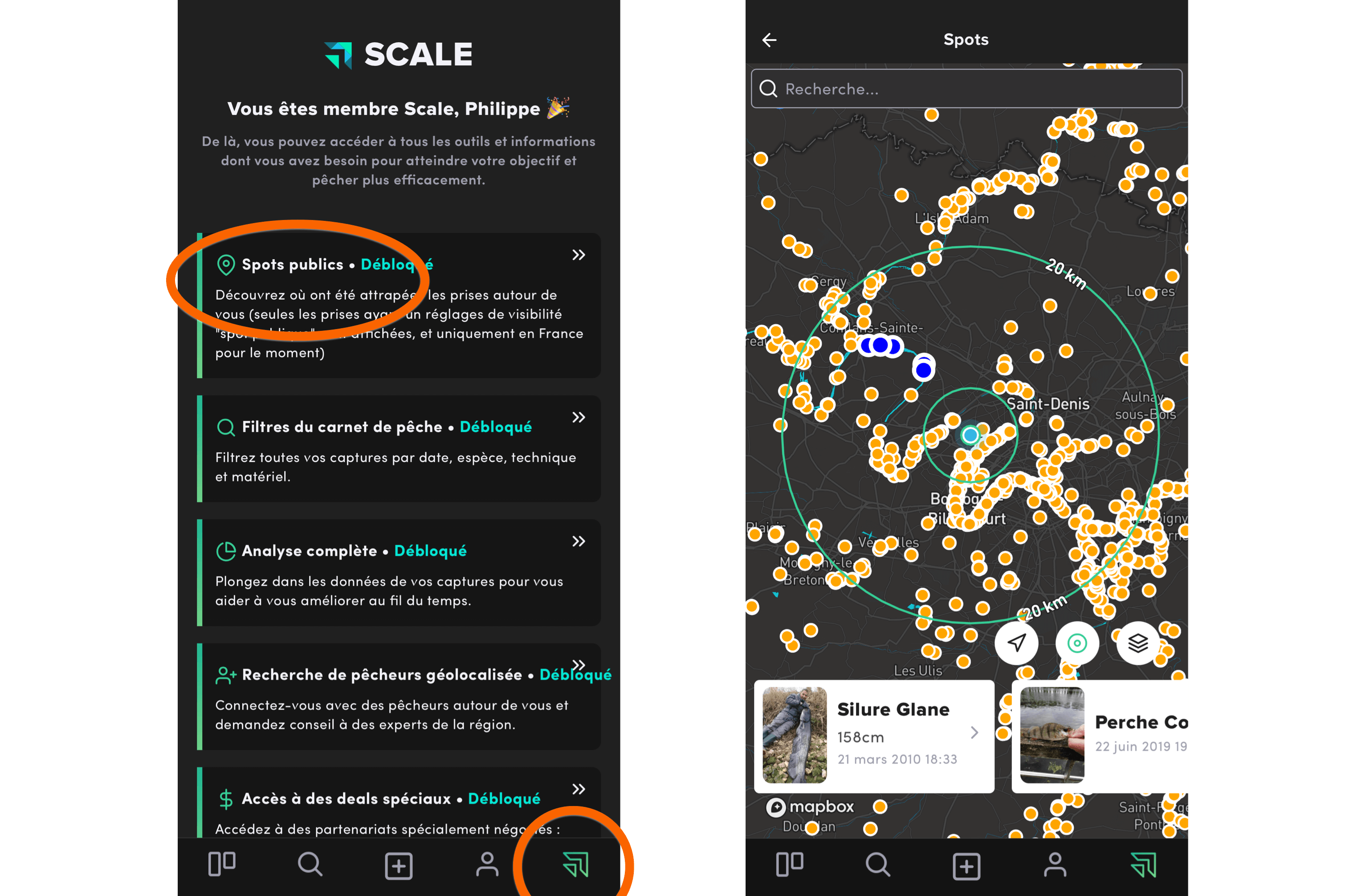 La carte des spots avec l'indication de distance