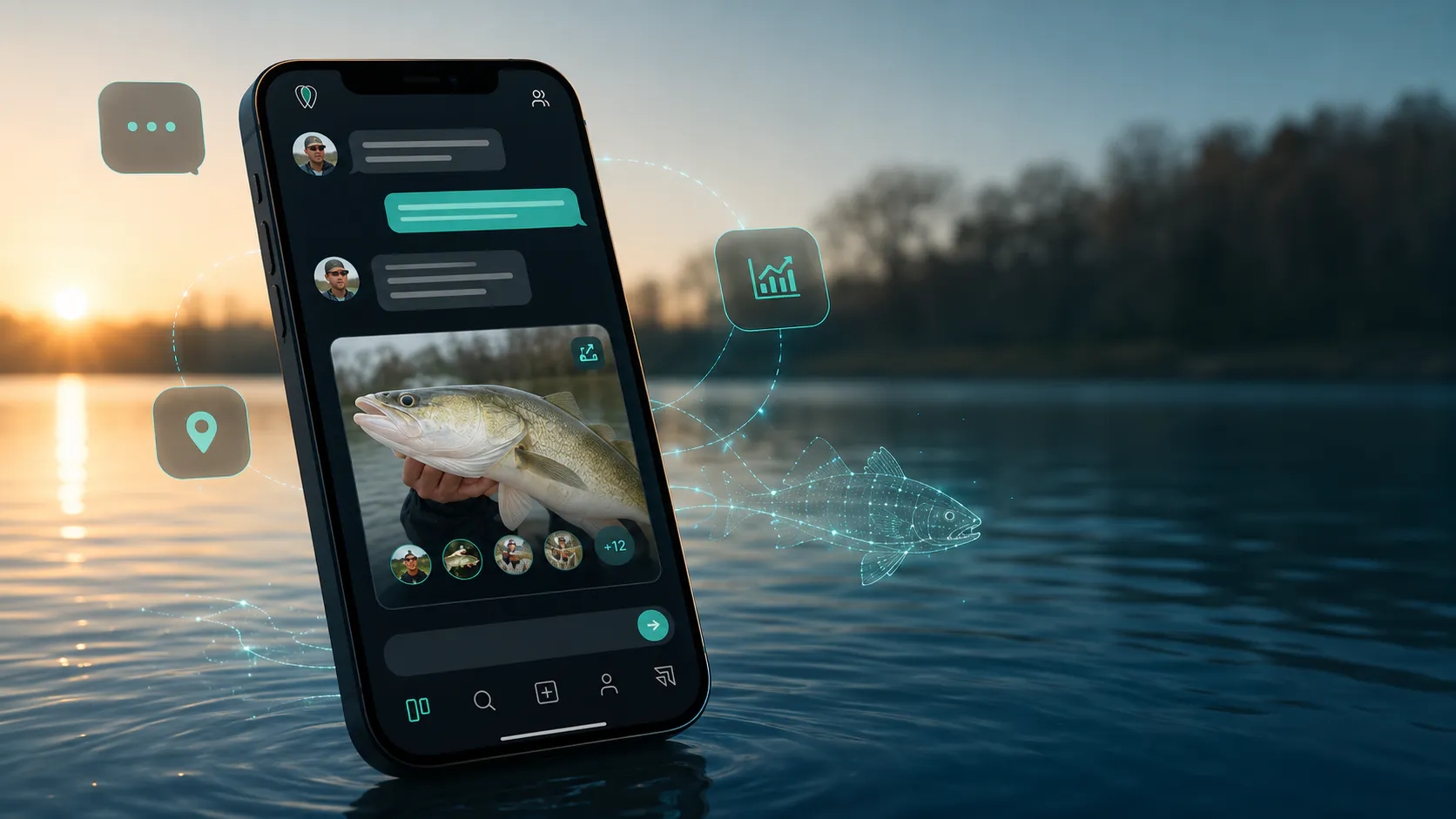 An angler checks the FishFriender app and their AI assistant by the sea
