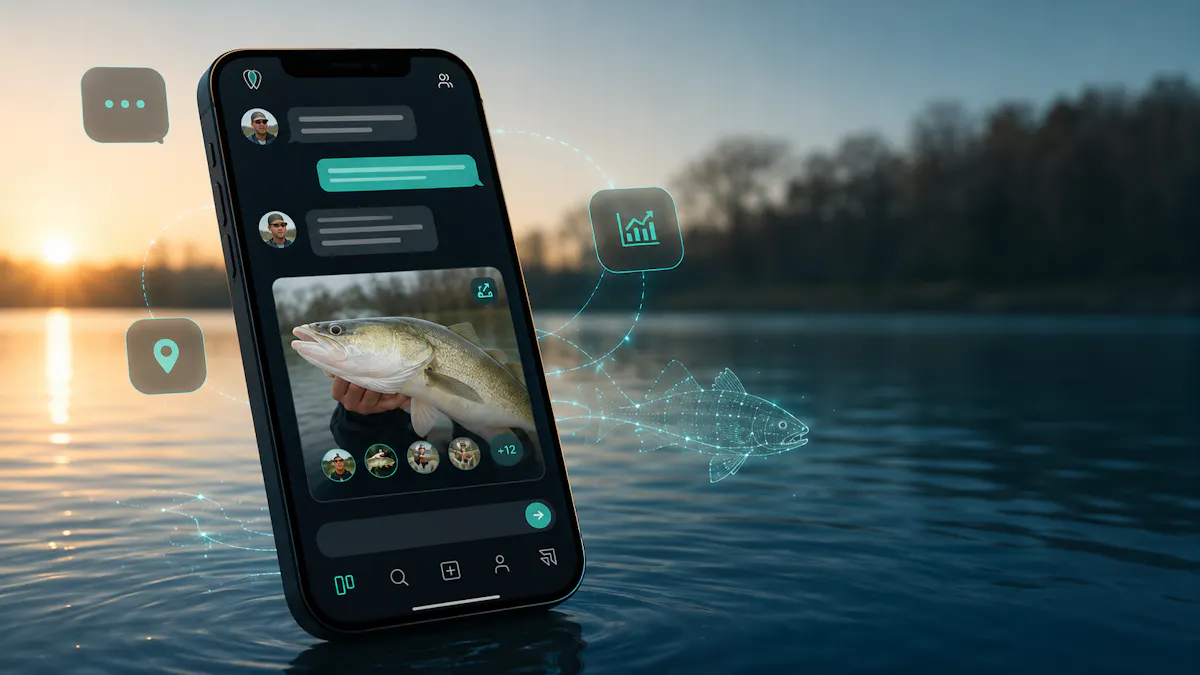 An angler checks the FishFriender app and their AI assistant by the sea