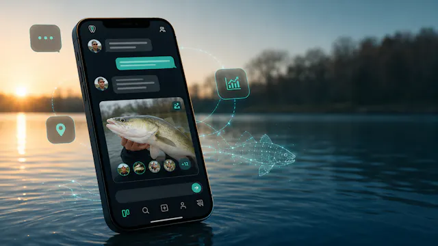 An angler checks the FishFriender app and their AI assistant by the sea
