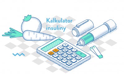 rysunek kalkulatora insuliny, warzywa, plastry i strzykawka w tle.
