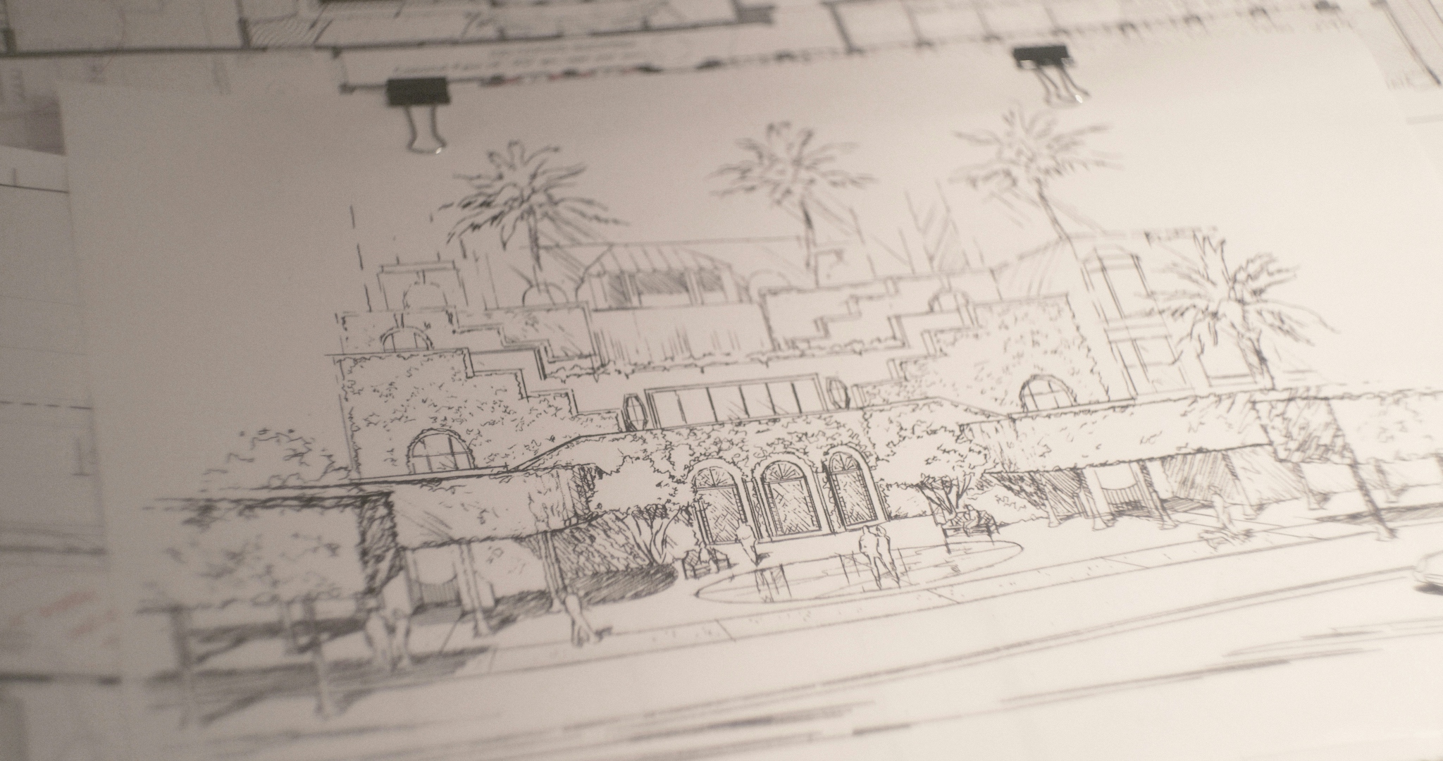 Birdseye view of architecture plans on white paper for SMI Landscape Architecture.
