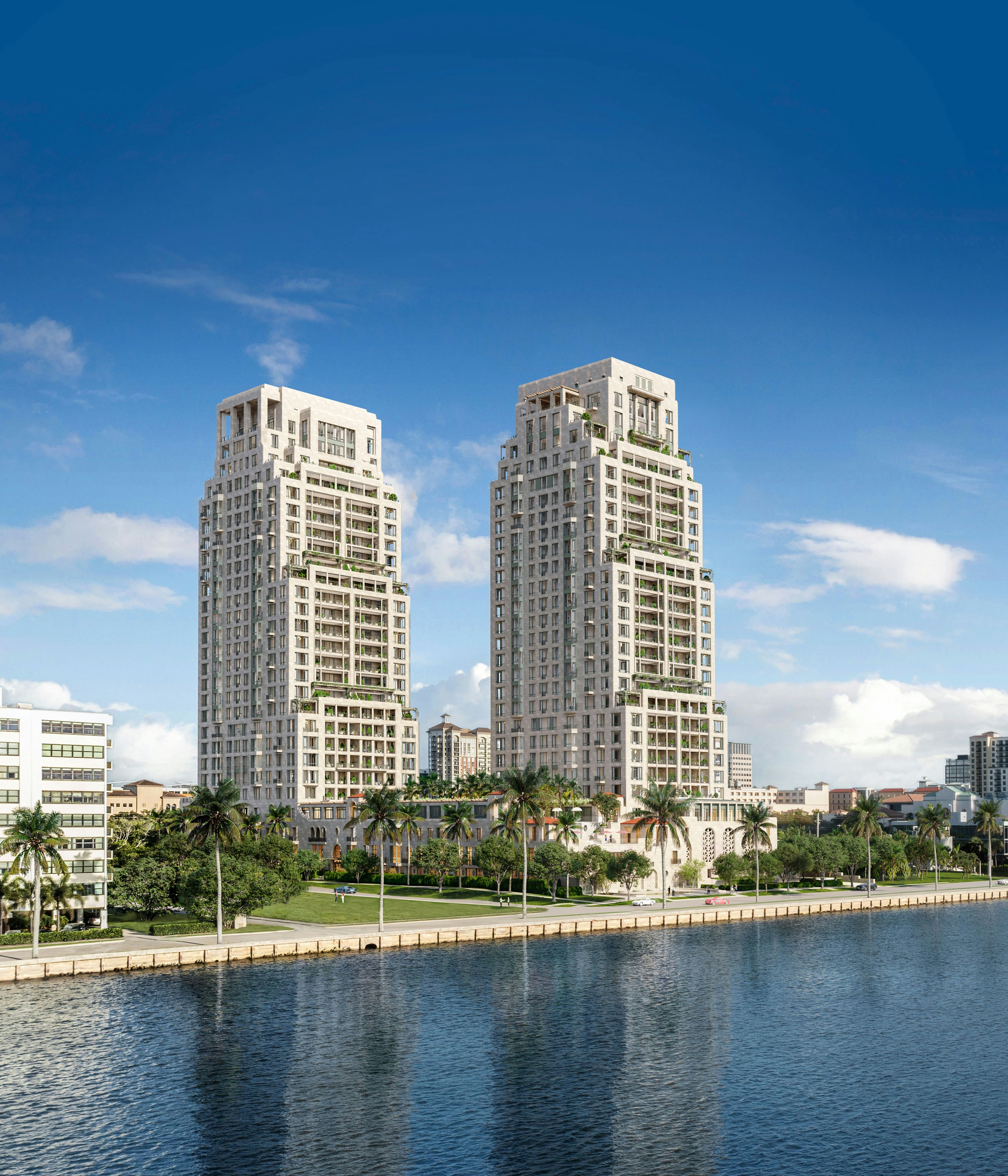South Flagler House on a sunny day viewed from the West Palm Beach Intracoastal Waterway.