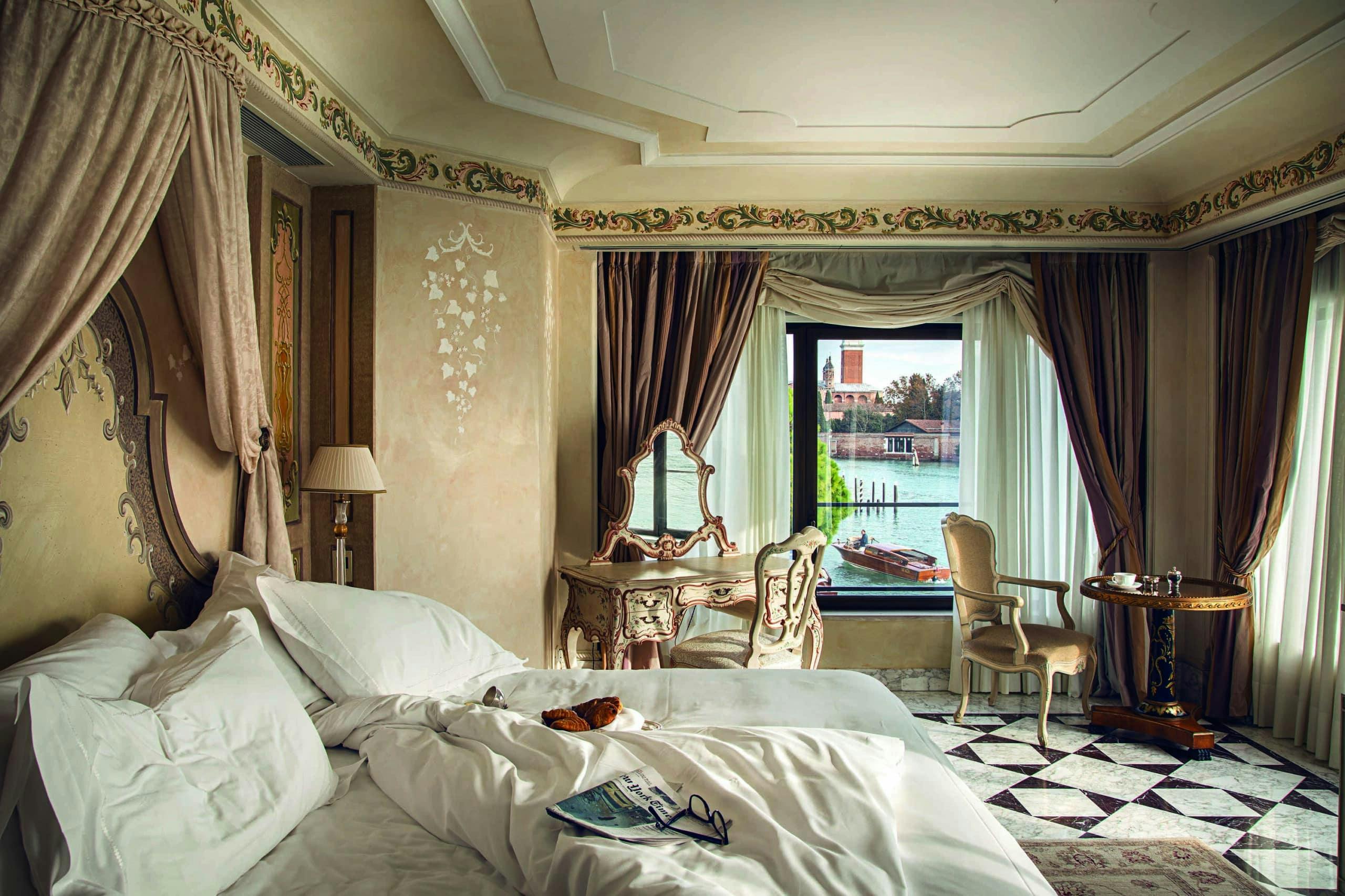 A luxury, elegant hotel room