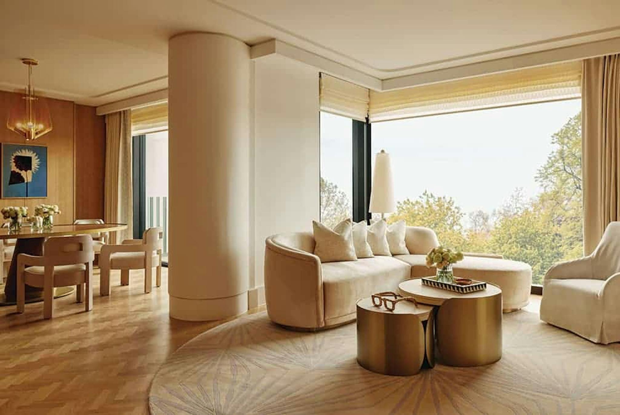Tan and light brown interior of the Emory lobby