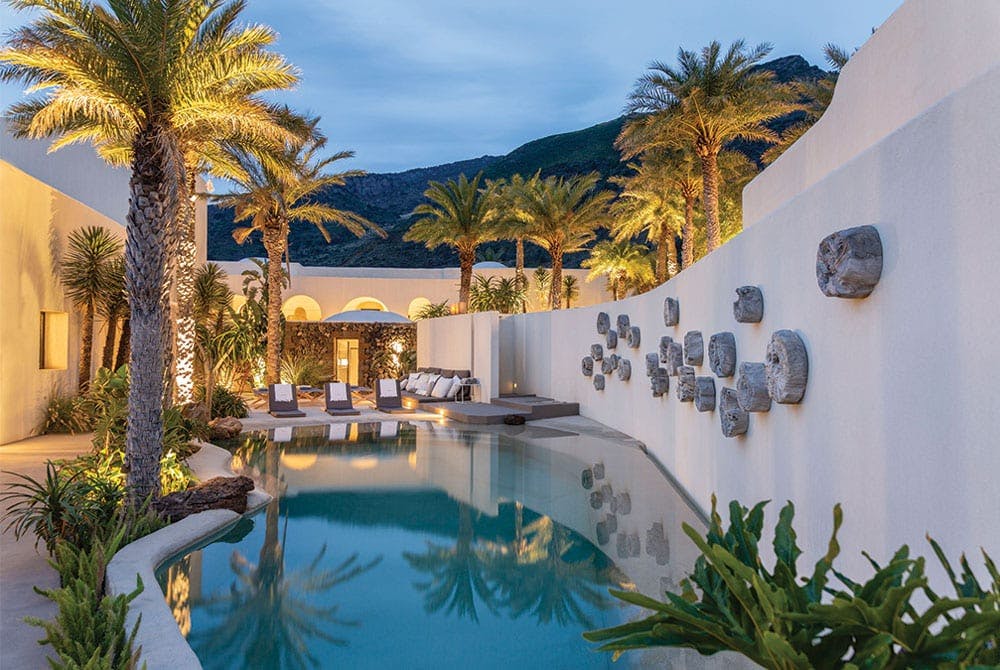 Palm tree and green plants line a small pool contained within a courtyard