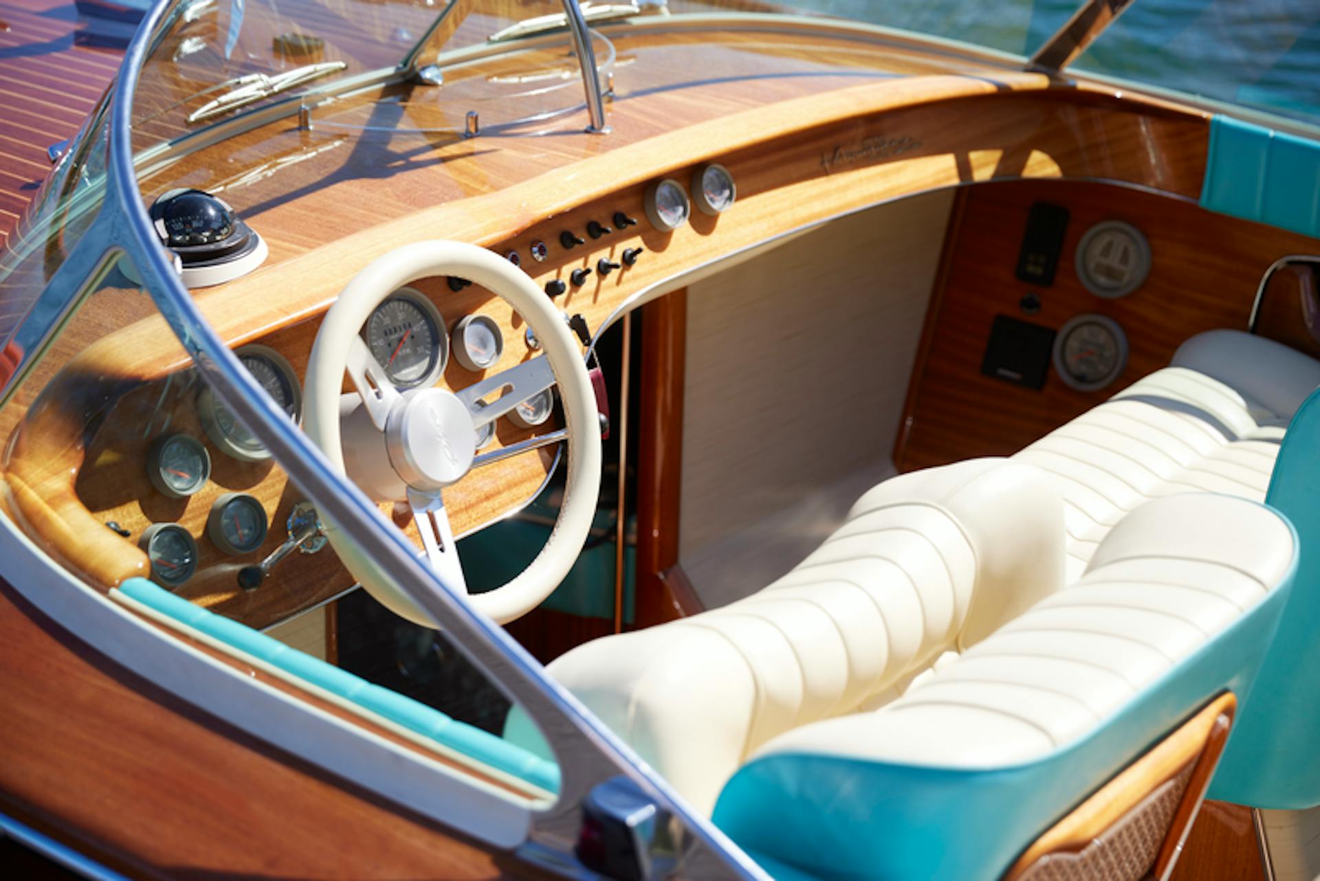 close up of the interior and steering column of the riva boat