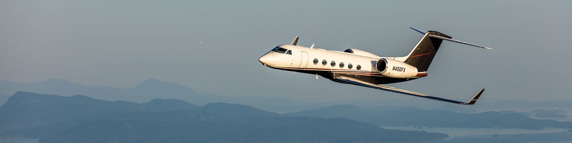 A g450 flying on a blue background with rolling hills and a bay