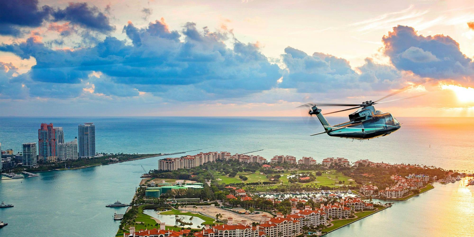 A helicopter flies over a luxury resort on the water