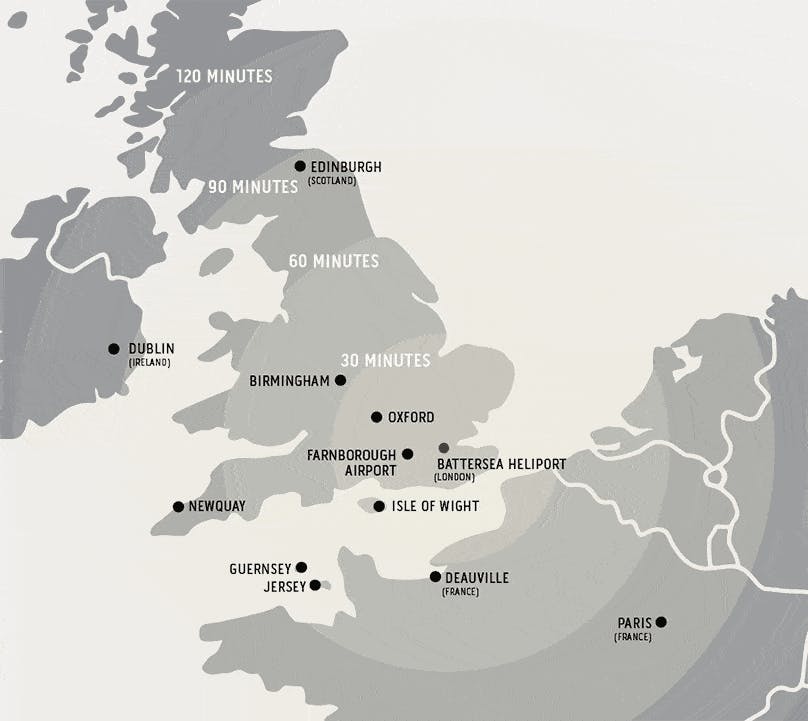A map showing major cities and the range around London