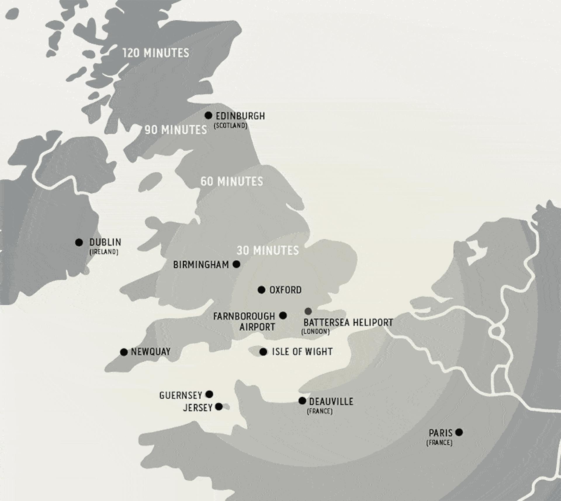 A map showing major cities and the range around London