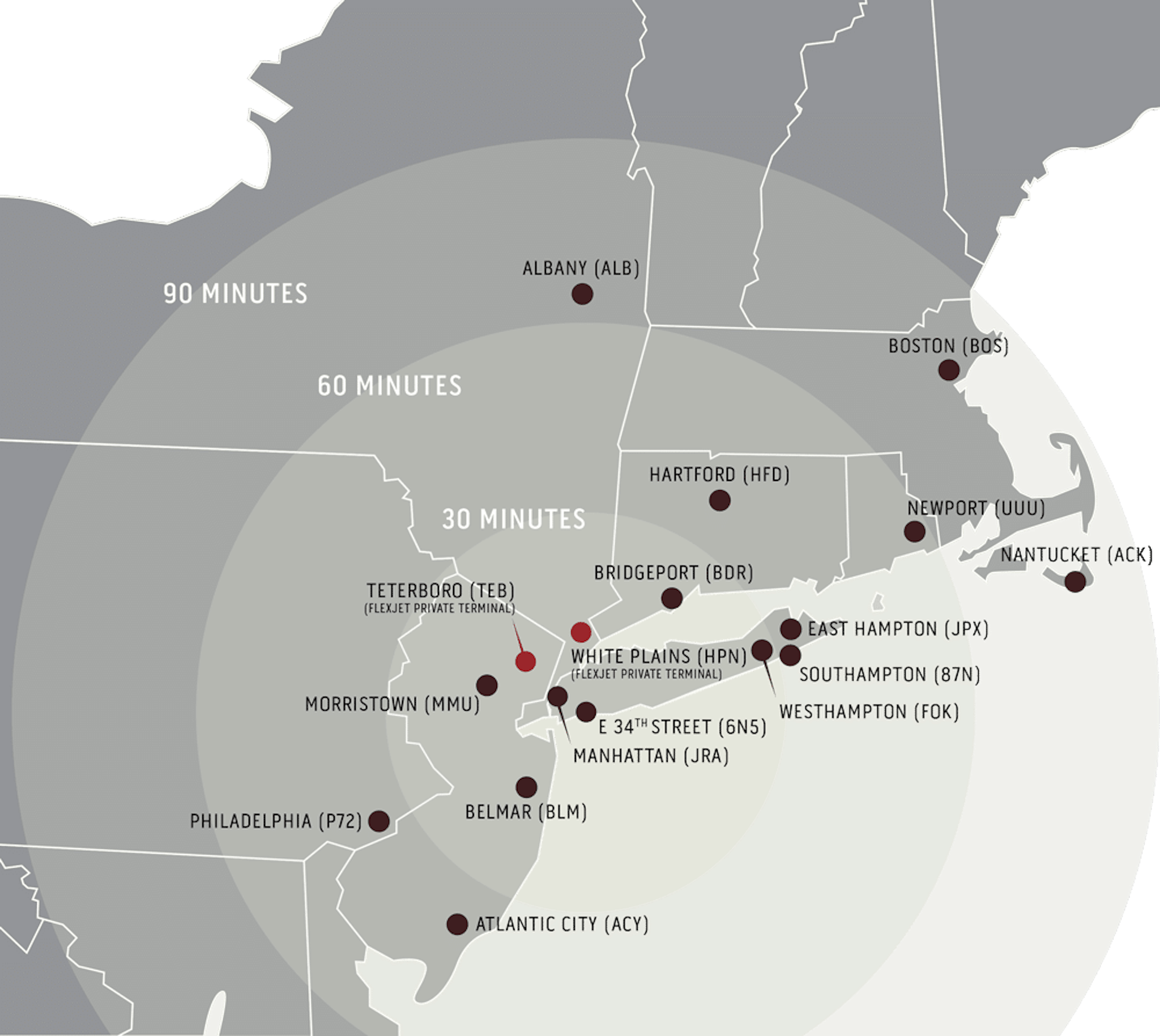 A map showing major cities and the range around New York