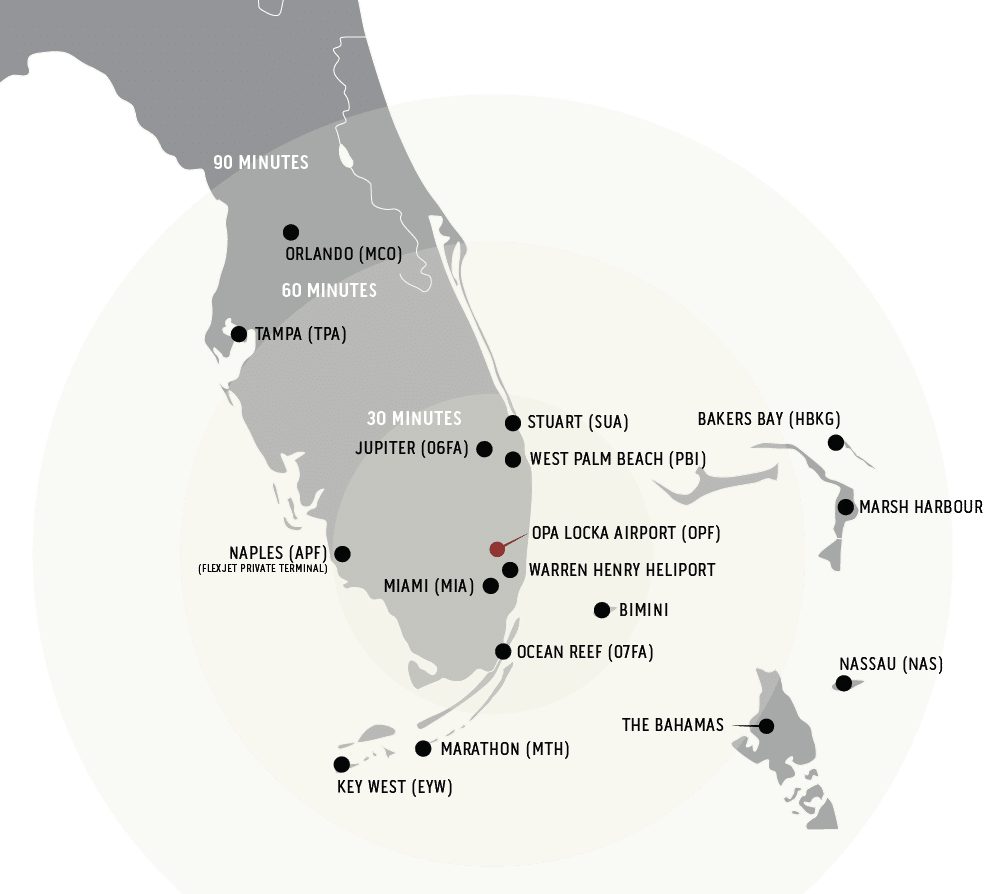 A map showing major cities and the range around Florida
