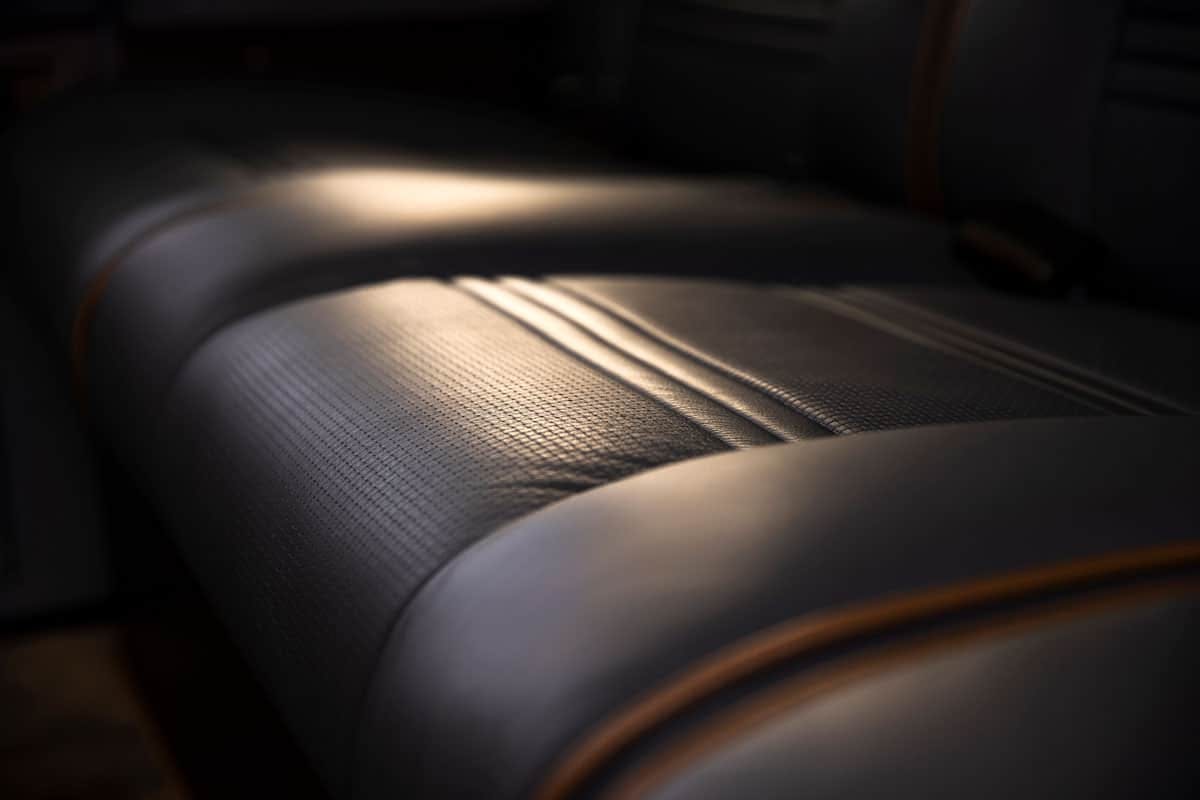 Closeup of the black patterned upholstery on the seat of the s76 Phantom