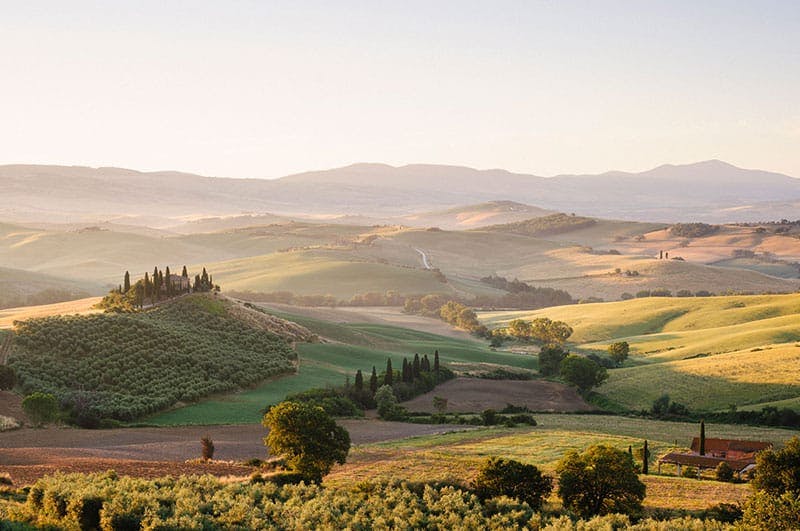 A colorful landscape of green trees, fields, and mountains