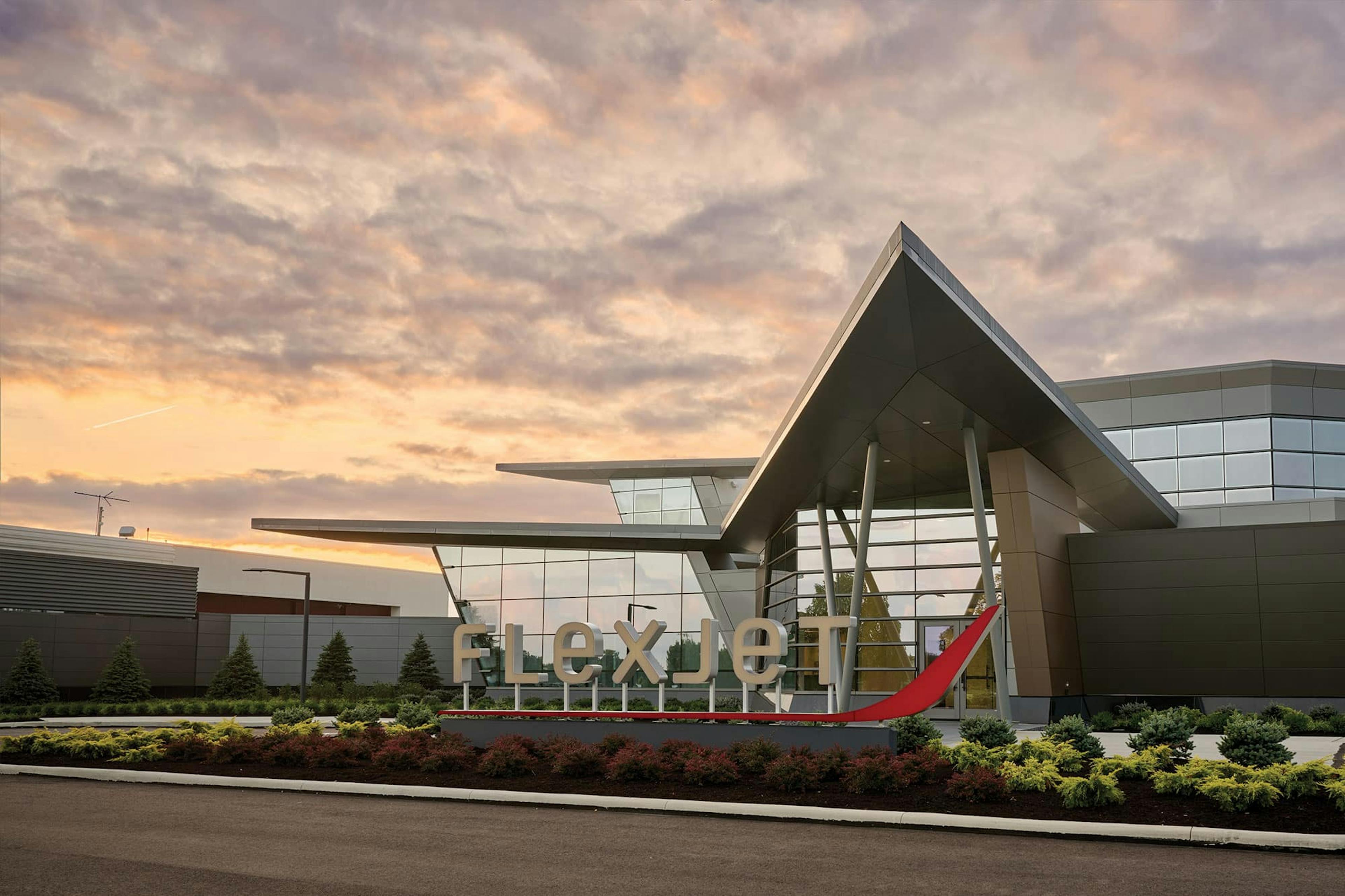 the flexjet headquarters with yellow skies and cloud coverage