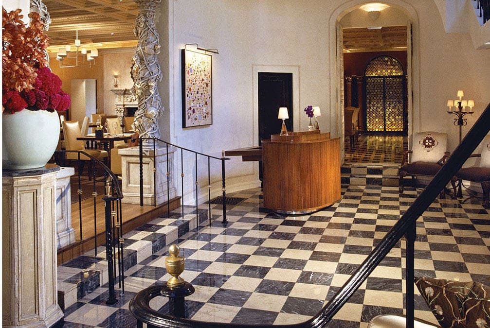 Rosewood hotel interior with checkered floor and fancy feel