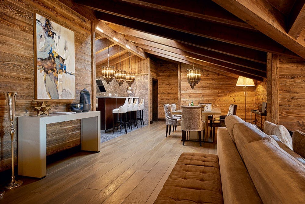 The wood and brown interior of an Ultima hotel