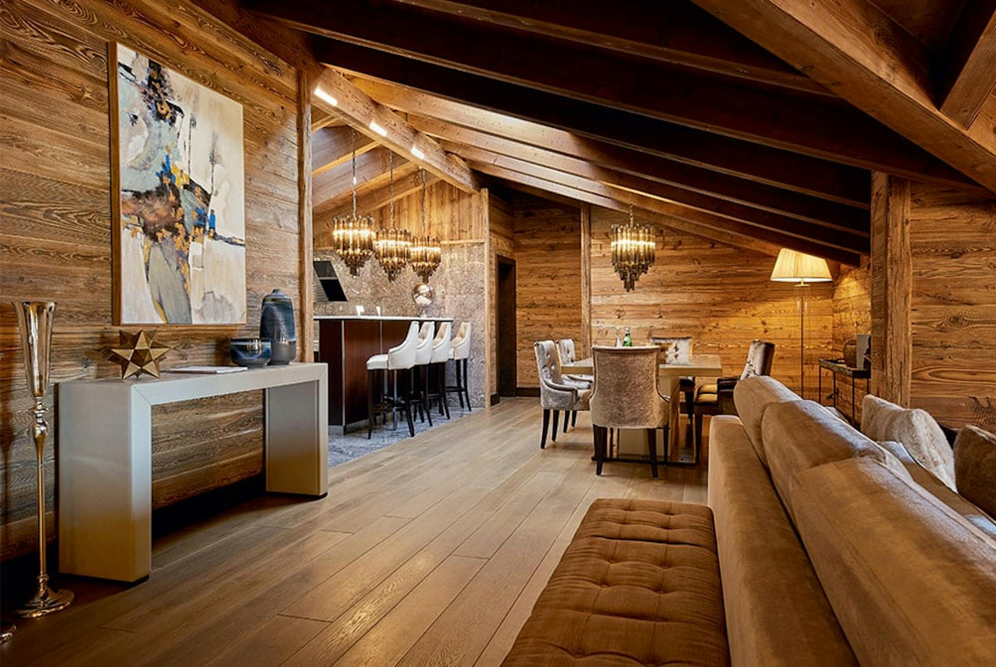 The wood and brown interior of an Ultima hotel