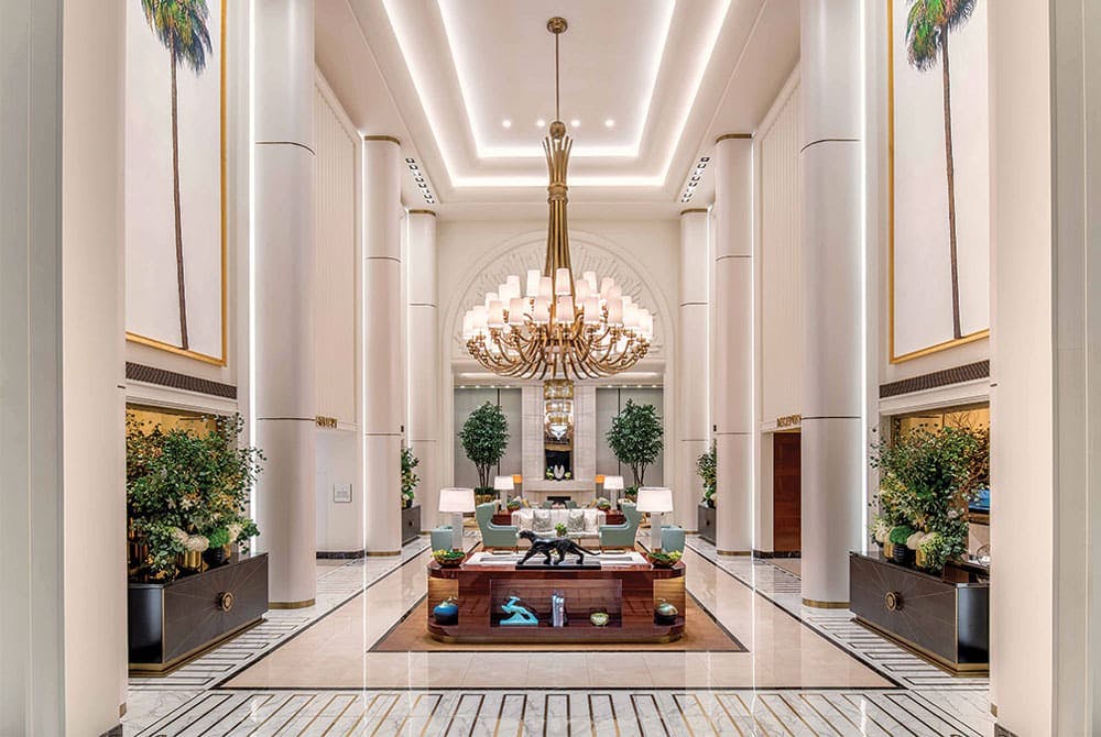 Waldorf Astoria hotel lobby, large and illuminated with lots of white